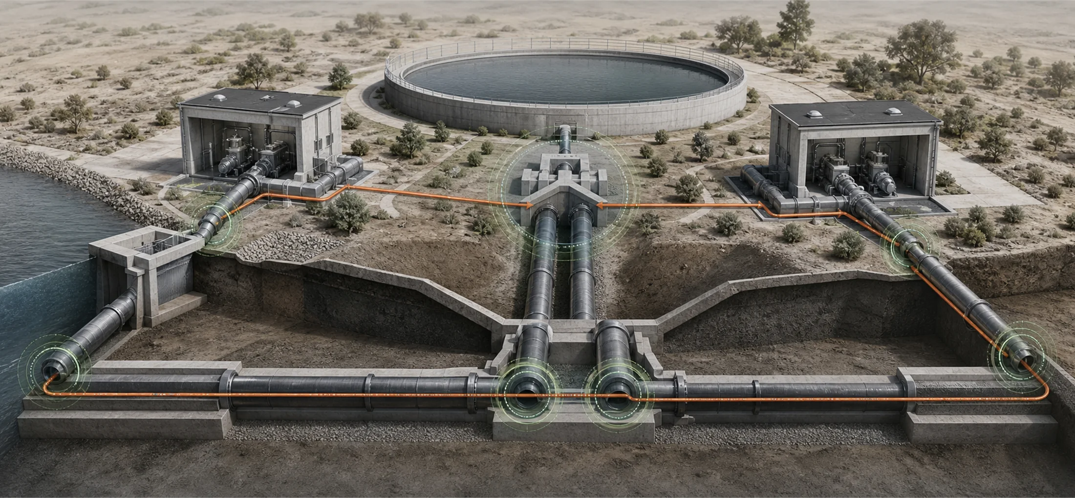 Conceptual overview of a water transmission and storage system