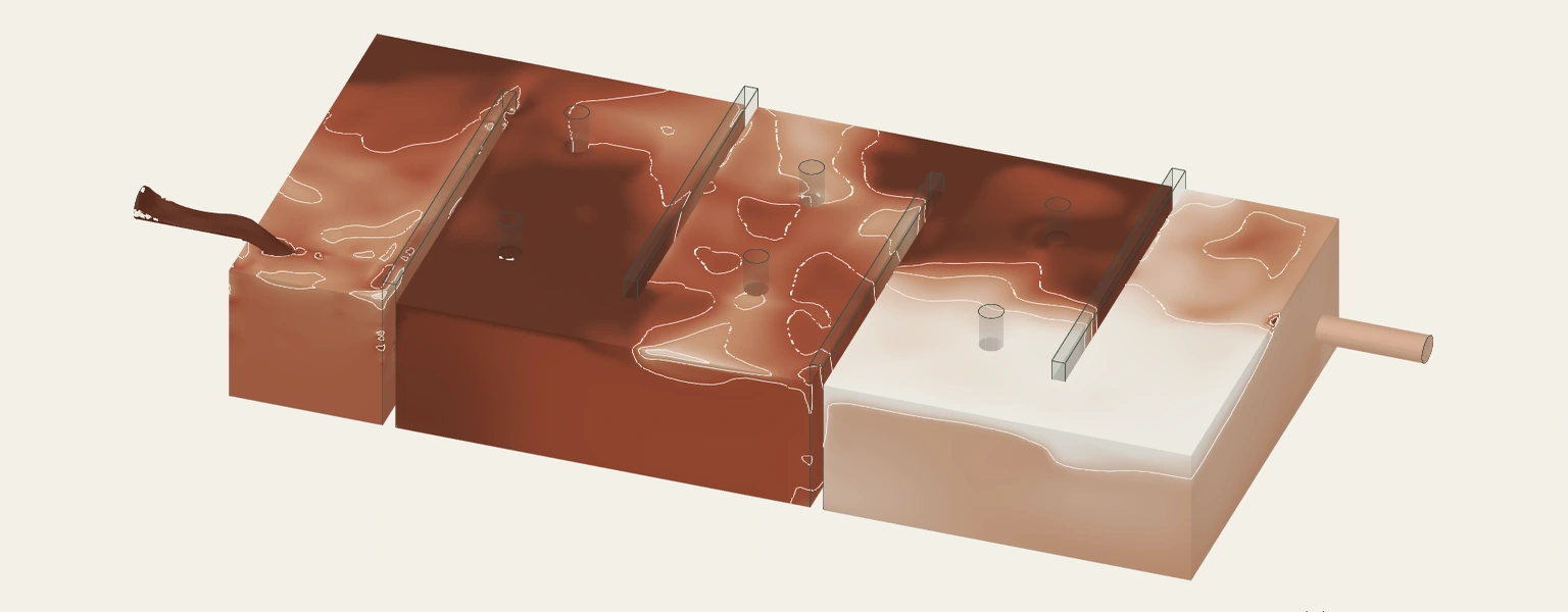 Copper-toned passive-tracer concentration field in a baffled contact tank, with the full tank and inlet and outlet visible