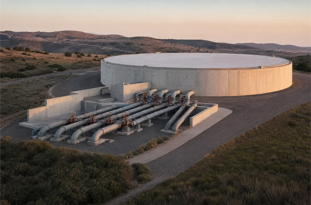 Conceptual water storage and pumping infrastructure in an arid landscape